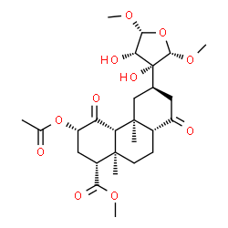ChemSpider 2D Image | Methyl (1R,3S,4aR,4bS,6R,8aR,10aR)-3-acetoxy-6-[(2S,3R,4S,5R)-3,4-dihydroxy-2,5-dimethoxytetrahydro-3-furanyl]-4b,10a-dimethyl-4,8-dioxotetradecahydro-1-phenanthrenecarboxylate | C26H38O11