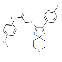 ChemSpider 2D Image | 2-{[3-(4-Fluorophenyl)-8-methyl-1,4,8-triazaspiro[4.5]deca-1,3-dien-2-yl]sulfanyl}-N-(4-methoxyphenyl)acetamide | C23H25FN4O2S