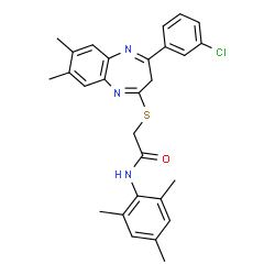 ChemSpider 2D Image | 2-{[4-(3-Chlorophenyl)-7,8-dimethyl-3H-1,5-benzodiazepin-2-yl]sulfanyl}-N-mesitylacetamide | C28H28ClN3OS