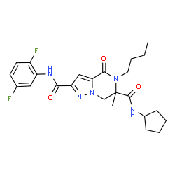 ChemSpider 2D Image | 5-Butyl-N~6~-cyclopentyl-N~2~-(2,5-difluorophenyl)-6-methyl-4-oxo-4,5,6,7-tetrahydropyrazolo[1,5-a]pyrazine-2,6-dicarboxamide | C24H29F2N5O3