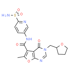 ChemSpider 2D Image | 6-Methyl-4-oxo-N-(6-sulfamoyl-3-pyridinyl)-3-(tetrahydro-2-furanylmethyl)-3,4-dihydrofuro[2,3-d]pyrimidine-5-carboxamide | C18H19N5O6S