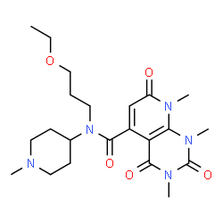 ChemSpider 2D Image | N-(3-Ethoxypropyl)-1,3,8-trimethyl-N-(1-methyl-4-piperidinyl)-2,4,7-trioxo-1,2,3,4,7,8-hexahydropyrido[2,3-d]pyrimidine-5-carboxamide | C22H33N5O5