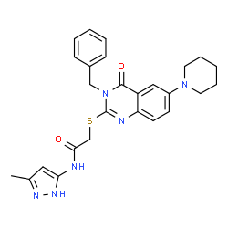 ChemSpider 2D Image | 2-{[3-Benzyl-4-oxo-6-(1-piperidinyl)-3,4-dihydro-2-quinazolinyl]sulfanyl}-N-(3-methyl-1H-pyrazol-5-yl)acetamide | C26H28N6O2S