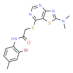 ChemSpider 2D Image | N-(2-Bromo-4-methylphenyl)-2-{[2-(dimethylamino)[1,3]thiazolo[4,5-d]pyrimidin-7-yl]sulfanyl}acetamide | C16H16BrN5OS2