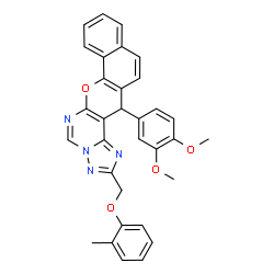 ChemSpider 2D Image | 14-(3,4-Dimethoxyphenyl)-2-[(2-methylphenoxy)methyl]-14H-benzo[7,8]chromeno[3,2-e][1,2,4]triazolo[1,5-c]pyrimidine | C32H26N4O4