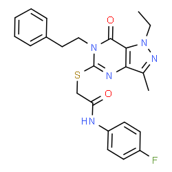 ChemSpider 2D Image | 2-{[1-Ethyl-3-methyl-7-oxo-6-(2-phenylethyl)-6,7-dihydro-1H-pyrazolo[4,3-d]pyrimidin-5-yl]sulfanyl}-N-(4-fluorophenyl)acetamide | C24H24FN5O2S