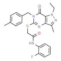 ChemSpider 2D Image | 2-{[1-Ethyl-3-methyl-6-(4-methylbenzyl)-7-oxo-6,7-dihydro-1H-pyrazolo[4,3-d]pyrimidin-5-yl]sulfanyl}-N-(2-fluorophenyl)acetamide | C24H24FN5O2S