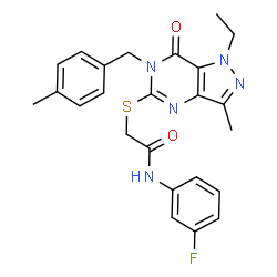 ChemSpider 2D Image | 2-{[1-Ethyl-3-methyl-6-(4-methylbenzyl)-7-oxo-6,7-dihydro-1H-pyrazolo[4,3-d]pyrimidin-5-yl]sulfanyl}-N-(3-fluorophenyl)acetamide | C24H24FN5O2S