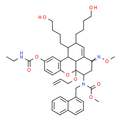ChemSpider 2D Image | 6a-(Allyloxy)-1,2-bis(4-hydroxybutyl)-6-[(methoxycarbonyl)(1-naphthylmethyl)amino]-4-(methoxyimino)-1,2,4,5,6,6a,11b,11c-octahydrobenzo[kl]xanthen-10-yl ethylcarbamate | C44H55N3O9