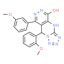 ChemSpider 2D Image | 9-(2-Methoxyphenyl)-8-(3-methoxyphenyl)-1,9-dihydrotetrazolo[1',5':1,2]pyrimido[4,5-d]pyridazin-5(6H)-one | C20H17N7O3