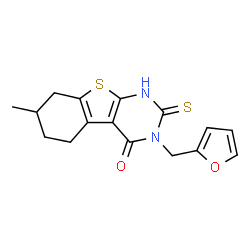 ChemSpider 2D Image | 3-(2-furylmethyl)-2-mercapto-7-methyl-5,6,7,8-tetrahydro[1]benzothieno[2,3-d]pyrimidin-4(3H)-one | C16H16N2O2S2