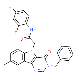 ChemSpider 2D Image | 2-(3-Benzyl-8-methyl-4-oxo-3,4-dihydro-5H-pyrimido[5,4-b]indol-5-yl)-N-(4-chloro-2-fluorophenyl)acetamide | C26H20ClFN4O2