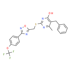ChemSpider 2D Image | 5-benzyl-6-methyl-2-[[3-[4-(trifluoromethoxy)phenyl]-1,2,4-oxadiazol-5-yl]methylsulfanyl]pyrimidin-4-ol | C22H17F3N4O3S