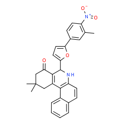 ChemSpider 2D Image | 2,2-Dimethyl-5-[5-(3-methyl-4-nitrophenyl)-2-furyl]-2,3,5,6-tetrahydrobenzo[a]phenanthridin-4(1H)-one | C30H26N2O4