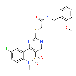 ChemSpider 2D Image | 2-[(9-Chloro-6-methyl-5,5-dioxido-6H-pyrimido[5,4-c][2,1]benzothiazin-2-yl)sulfanyl]-N-(2-methoxybenzyl)acetamide | C21H19ClN4O4S2