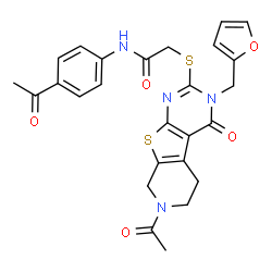 ChemSpider 2D Image | 2-{[7-Acetyl-3-(2-furylmethyl)-4-oxo-3,4,5,6,7,8-hexahydropyrido[4',3':4,5]thieno[2,3-d]pyrimidin-2-yl]sulfanyl}-N-(4-acetylphenyl)acetamide | C26H24N4O5S2