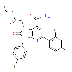 ChemSpider 2D Image | Ethyl [6-carbamoyl-2-(2,4-difluorophenyl)-9-(4-fluorophenyl)-8-oxo-8,9-dihydro-7H-purin-7-yl]acetate | C22H16F3N5O4