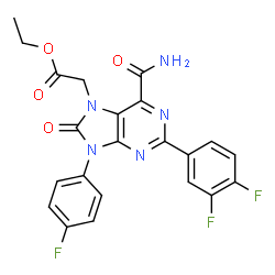 ChemSpider 2D Image | Ethyl [6-carbamoyl-2-(3,4-difluorophenyl)-9-(4-fluorophenyl)-8-oxo-8,9-dihydro-7H-purin-7-yl]acetate | C22H16F3N5O4