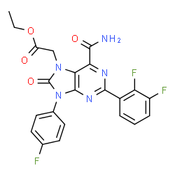 ChemSpider 2D Image | Ethyl [6-carbamoyl-2-(2,3-difluorophenyl)-9-(4-fluorophenyl)-8-oxo-8,9-dihydro-7H-purin-7-yl]acetate | C22H16F3N5O4