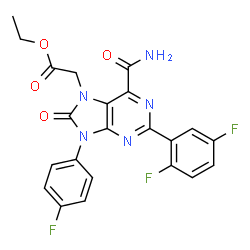ChemSpider 2D Image | Ethyl [6-carbamoyl-2-(2,5-difluorophenyl)-9-(4-fluorophenyl)-8-oxo-8,9-dihydro-7H-purin-7-yl]acetate | C22H16F3N5O4