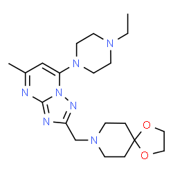ChemSpider 2D Image | 8-{[7-(4-Ethyl-1-piperazinyl)-5-methyl[1,2,4]triazolo[1,5-a]pyrimidin-2-yl]methyl}-1,4-dioxa-8-azaspiro[4.5]decane | C20H31N7O2