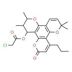 ChemSpider 2D Image | 2,3,10,10-Tetramethyl-6-oxo-8-propyl-3,4-dihydro-2H,6H,10H-dipyrano[2,3-f:2',3'-h]chromen-4-yl chloroacetate | C24H27ClO6