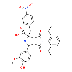 ChemSpider 2D Image | 5-(2,6-Diethylphenyl)-3-(4-hydroxy-3-methoxyphenyl)-1-(4-nitrobenzyl)-4,6-dioxooctahydropyrrolo[3,4-c]pyrrole-1-carboxylic acid | C31H31N3O8