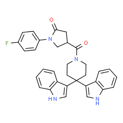 ChemSpider 2D Image | 4-{[4,4-Di(1H-indol-3-yl)-1-piperidinyl]carbonyl}-1-(4-fluorophenyl)-2-pyrrolidinone | C32H29FN4O2