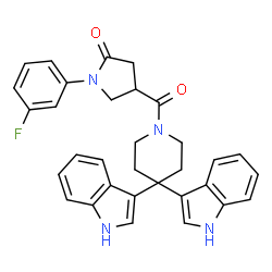 ChemSpider 2D Image | 4-{[4,4-Di(1H-indol-3-yl)-1-piperidinyl]carbonyl}-1-(3-fluorophenyl)-2-pyrrolidinone | C32H29FN4O2