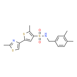 ChemSpider 2D Image | N-(3,4-Dimethylbenzyl)-2-methyl-5-(2-methyl-1,3-thiazol-4-yl)-3-thiophenesulfonamide | C18H20N2O2S3