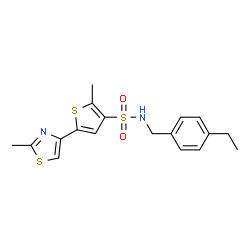 ChemSpider 2D Image | N-(4-Ethylbenzyl)-2-methyl-5-(2-methyl-1,3-thiazol-4-yl)-3-thiophenesulfonamide | C18H20N2O2S3
