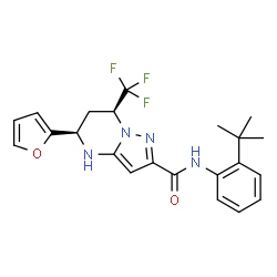 ChemSpider 2D Image | (5R,7S)-5-(2-Furyl)-N-[2-(2-methyl-2-propanyl)phenyl]-7-(trifluoromethyl)-4,5,6,7-tetrahydropyrazolo[1,5-a]pyrimidine-2-carboxamide | C22H23F3N4O2