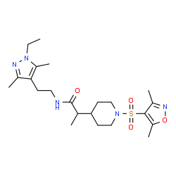 ChemSpider 2D Image | 2-{1-[(3,5-Dimethyl-1,2-oxazol-4-yl)sulfonyl]-4-piperidinyl}-N-[2-(1-ethyl-3,5-dimethyl-1H-pyrazol-4-yl)ethyl]propanamide | C22H35N5O4S