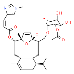 ChemSpider 2D Image | (1S,2S,4R,8R,9S,10Z,12R)-11-{[(2-O-Acetylpentopyranosyl)oxy]methyl}-8-isopropyl-12-methoxy-1,5-dimethyl-15-oxatricyclo[10.2.1.0~4,9~]pentadeca-5,10,13-trien-2-yl (2Z)-3-(1-methyl-1H-imidazol-4-yl)acry
late | C35H48N2O10