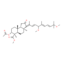 ChemSpider 2D Image | Methyl (3E,3aS,5aR,6R,7R,9aR,9bS)-7-acetoxy-3-[(3E,6E,8E)-5,10-dimethoxy-6,10-dimethyl-3,6,8-undecatrien-2-ylidene]-3a,6,9a-trimethyl-2-oxododecahydro-1H-cyclopenta[a]naphthalene-6-carboxylate | C35H52O7