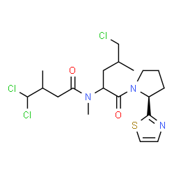 ChemSpider 2D Image | 4,4-Dichloro-N-{5-chloro-4-methyl-1-oxo-1-[(2S)-2-(1,3-thiazol-2-yl)-1-pyrrolidinyl]-2-pentanyl}-N,3-dimethylbutanamide | C19H28Cl3N3O2S