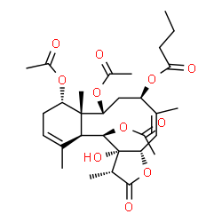 ChemSpider 2D Image | (1R,3aS,4Z,6R,8R,8aR,9S,12aS,13R,13aS)-8,9,13-Triacetoxy-13a-hydroxy-1,5,8a,12-tetramethyl-2-oxo-1,2,3a,6,7,8,8a,9,10,12a,13,13a-dodecahydrobenzo[4,5]cyclodeca[1,2-b]furan-6-yl butyrate | C30H42O11
