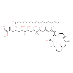 ChemSpider 2D Image | (1E,5S,7S,8S,9R,11S,13R,15E,17S)-1-Bromo-7,9,11,13,17-pentahydroxy-17-[(1R,4E,6E,9R,12E,15S,17R)-9-hydroxy-5,13,17-trimethyl-11-methylene-3-oxo-2,16-dioxabicyclo[13.2.1]octadeca-4,6,12-trien-17-yl]-2-
methoxy-8,12,12,15-tetramethyl-3-methylene-1,15-heptadecadien-5-yl hexadecanoate | C59H97BrO12