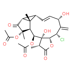 ChemSpider 2D Image | (1R,3aR,4S,6S,7E,8aS,9R,9aR,10S,11S,11aR,12S)-4-Chloro-6,11a-dihydroxy-1,9a,12-trimethyl-5-methylene-2,13-dioxo-1,2,3a,4,5,6,8a,9,9a,10,11,11a-dodecahydro-9,10-ethanocyclopropa[5,6]cycloundeca[1,2-b]f
uran-11,12-diyl diacetate | C24H29ClO9