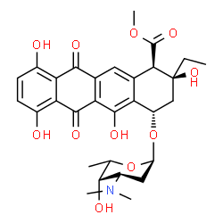 ChemSpider 2D Image | Methyl (1R,2S,4S)-2-ethyl-2,5,7,10-tetrahydroxy-6,11-dioxo-4-{[2,3,6-trideoxy-3-(dimethylamino)-alpha-L-lyxo-hexopyranosyl]oxy}-1,2,3,4,6,11-hexahydro-1-tetracenecarboxylate | C30H35NO11
