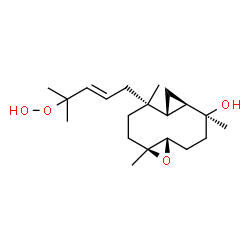 ChemSpider 2D Image | (1R,2S,5S,7S,10R,11R)-10-[(2E)-4-Hydroperoxy-4-methyl-2-penten-1-yl]-2,7,10-trimethyl-6-oxatricyclo[9.1.0.0~5,7~]dodecan-2-ol | C20H34O4