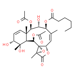 ChemSpider 2D Image | (1S,2R,4aS,5R,6R,7S,8Z,9aS,11aR,12aS,13R,13aS)-5,13-Diacetoxy-1,2,6-trihydroxy-1,4a,8,11a-tetramethyl-11-oxo-2,4a,5,6,7,9a,11,11a,13,13a-decahydro-1H-benzo[4,5]cyclodeca[1,2-b]oxireno[c]furan-7-yl hex
anoate | C30H42O12
