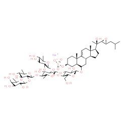 ChemSpider 2D Image | Sodium (3beta,5alpha,22R,23S)-6-{[(5xi)-6-deoxy-beta-D-xylo-hexopyranosyl-(1->2)-[(5xi)-6-deoxy-alpha-L-arabino-hexopyranosyl-(1->2)-(5xi)-6-deoxy-beta-D-xylo-hexopyranosyl-(1->4)]-6-deoxy-beta-D-eryt
hro-hexopyranosyl-(1->3)-beta-D-erythro-hexopyranosyl]oxy}-20-hydroxy-22,23-epoxycholest-9(11)-en-3-yl sulfate | C57H93NaO28S