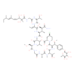 ChemSpider 2D Image | (2S,3S,4R)-N-{(3R,4R,7R,13S,16S,19R,24S,25aS)-24-Chloro-16-[(1R)-1-hydroxyethyl]-3-isopropyl-7-(methoxymethyl)-19-[(R)-methoxy(4-{[(2S,3R,4R,5R,6S)-3,4,5-trihydroxy-6-methyltetrahydro-2H-pyran-2-yl]ox
y}phenyl)methyl]-13,15-dimethyl-1,5,8,11,14,17,20-heptaoxotetracosahydropyrido[2,1-c][1,4,7,10,13,16,19]oxahexaazacyclodocosin-4-yl}-2-{[(2Z)-2-({(2S,3R)-2-[({[(4Z,6E)-2,3-dihydroxy-2,6,8-trimethyl-4,
6-decadienoyl]amino}acetyl)amino]-3-hydroxyb | C72H111ClN12O25