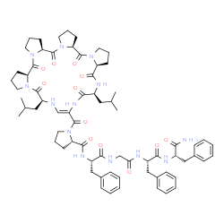 ChemSpider 2D Image | 1-{[(6S,8Z,12S,14aS,19aS,24aS,29aS)-6,12-Diisobutyl-5,11,14,19,24,29-hexaoxo-2,3,5,6,7,10,11,12,13,14,14a,15,16,17,19a,20,21,22,24a,25,26,27,29,29a-tetracosahydro-1H,19H,24H-tetrapyrrolo[1,2-a:1',2'-d
:1'',2''-g:1''',2'''-j][1,4,7,10,13,16,19]heptaazacyclohenicosin-9-yl]carbonyl}-L-prolyl-L-phenylalanylglycyl-L-phenylalanyl-L-phenylalaninamide | C69H91N13O12