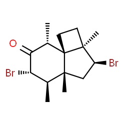 ChemSpider 2D Image | (2aR,3S,4aR,5R,6S,8R,8aS)-3,6-Dibromo-2a,4a,5,8-tetramethyloctahydrocyclobuta[c]inden-7(8H)-one | C15H22Br2O