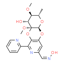 ChemSpider 2D Image | (2S,3R,4R,4aS,10aS)-8-[(Z)-(Hydroxyimino)methyl]-3,4a-dimethoxy-2-methyl-6-(2-pyridinyl)-3,4,4a,10a-tetrahydro-2H-pyrano[2',3':5,6][1,4]dioxino[2,3-c]pyridin-4-ol | C19H21N3O7