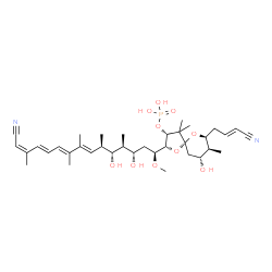 ChemSpider 2D Image | (2R,3R,5R,7S,8S,9R)-2-[(1S,3S,4S,5R,6R,7E,9E,11E,13Z)-14-Cyano-3,5-dihydroxy-1-methoxy-4,6,8,9,13-pentamethyl-7,9,11,13-tetradecatetraen-1-yl]-7-[(2E)-3-cyano-2-propen-1-yl]-9-hydroxy-4,4,8-trimethyl-
1,6-dioxaspiro[4.5]dec-3-yl dihydrogen phosphate | C36H55N2O10P