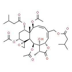 ChemSpider 2D Image | (1R,3aS,4E,6Z,8S,8aR,9S,11R,12R,12aS,13S,13aS)-8,11,13-Triacetoxy-13a-hydroxy-1,8a-dimethyl-5-{[(3-methylbutanoyl)oxy]methyl}-2-oxo-1,3a,8,8a,9,10,11,12a,13,13a-decahydro-2H-spiro[benzo[4,5]cyclodeca[
1,2-b]furan-12,2'-oxiran]-9-yl 3-methylbutanoate | C36H50O14