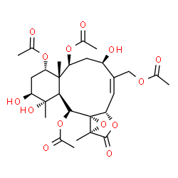 ChemSpider 2D Image | (1S,2S,4S,4aS,5S,7R,8Z,9aS,11aR,12aS,13S,13aS)-8-(Acetoxymethyl)-1,2,7-trihydroxy-1,4a,11a-trimethyl-11-oxo-2,3,4,4a,5,6,7,9a,11,11a,13,13a-dodecahydro-1H-benzo[4,5]cyclodeca[1,2-b]oxireno[c]furan-4,5
,13-triyl triacetate | C28H38O14